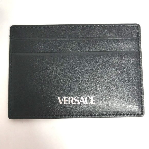 VERSACE logo Business Card Holder Pass Case Card Case Leather Black - Picture 1 of 6